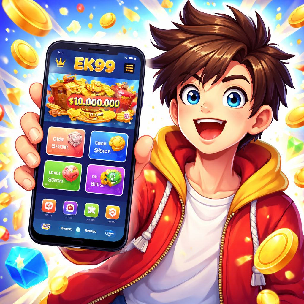EK99 app themed cartoon character using a smartphone with app icons and rewards