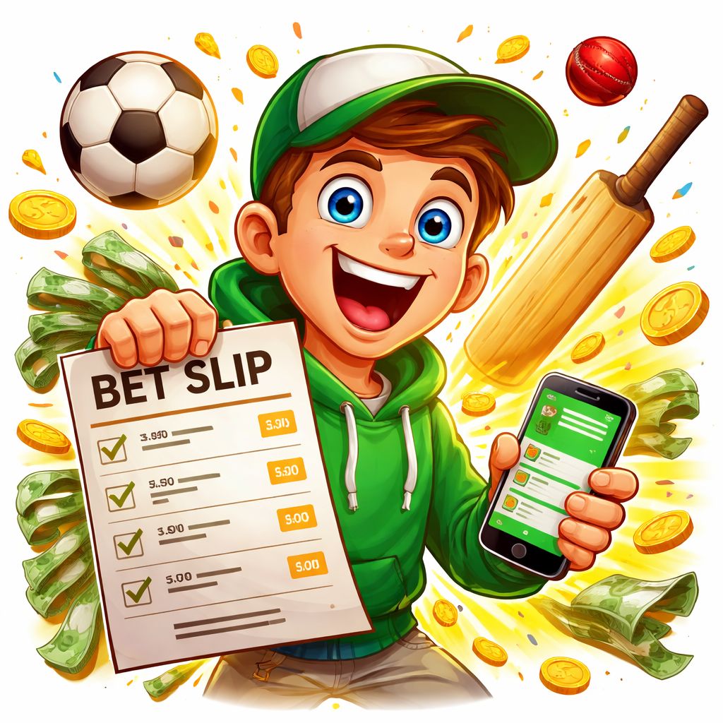 EK99 Bet cartoon sports character with betting slips, football and cricket elements