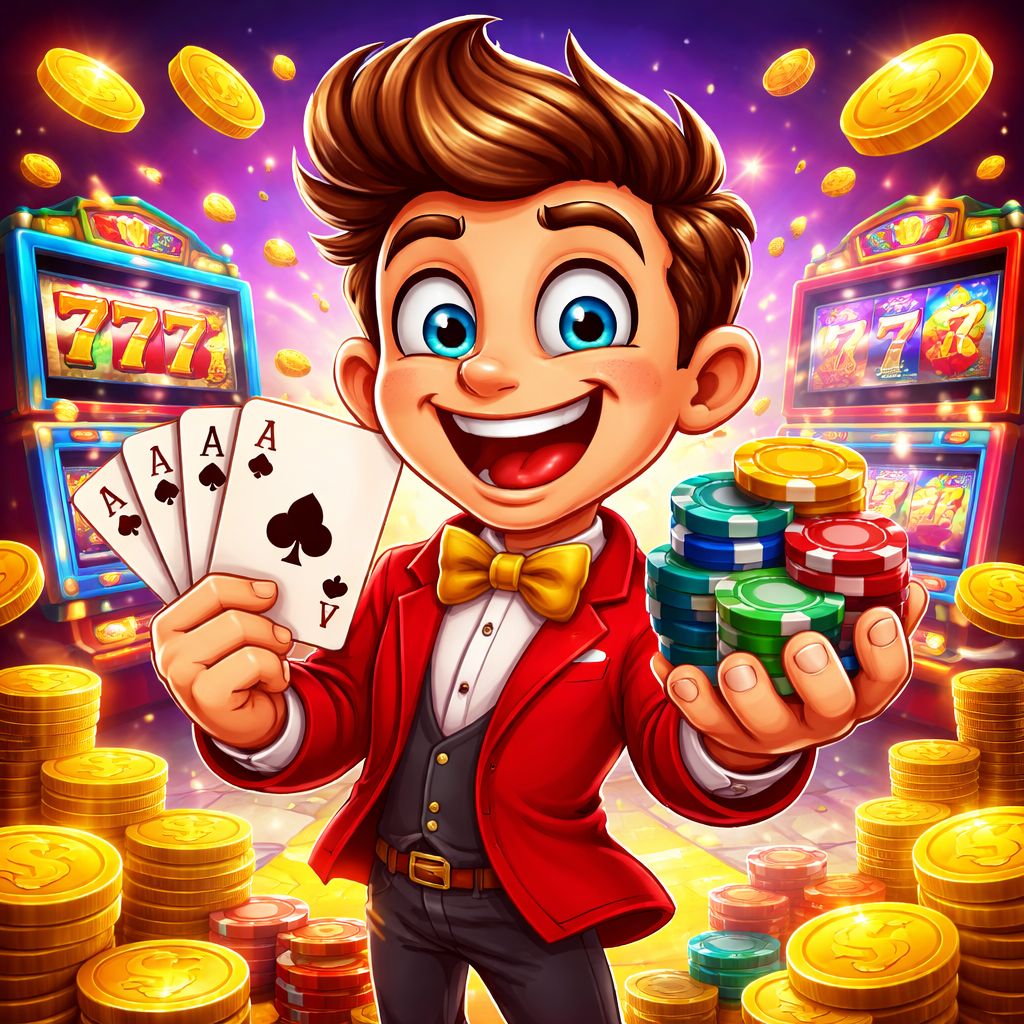 EK99 Casino cartoon characters with chips, cards, and coins in a lively gaming scene