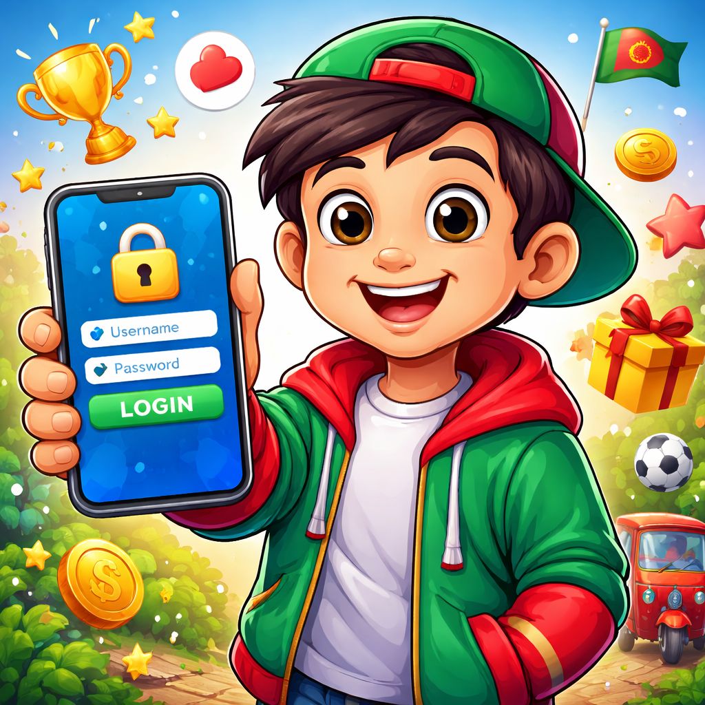 EK99 themed cartoon character using a secure mobile login screen with bright gaming elements