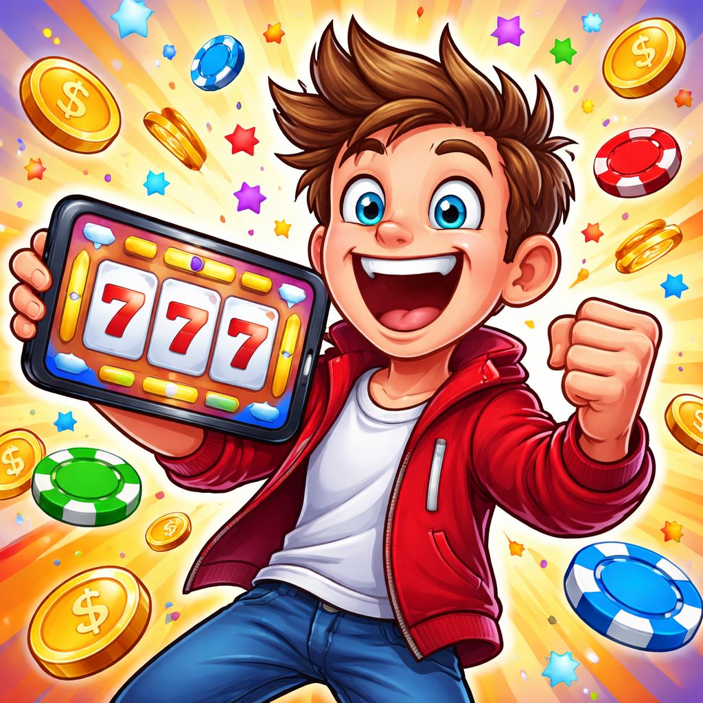 EK99 slot-themed cartoon character with coins, reels, and mobile gaming elements